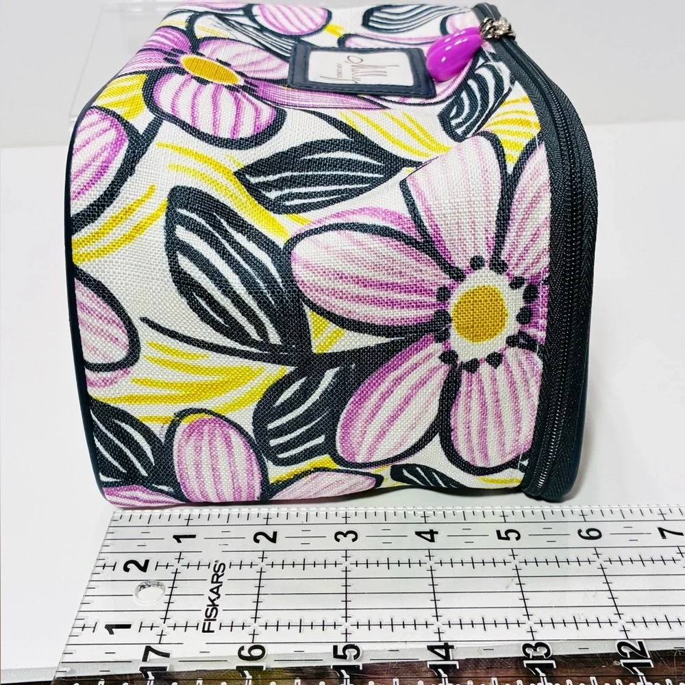 Milly for Clinique Floral Pattern Cosmetic Bag Purple Yellow Navy 5”x9”x6”